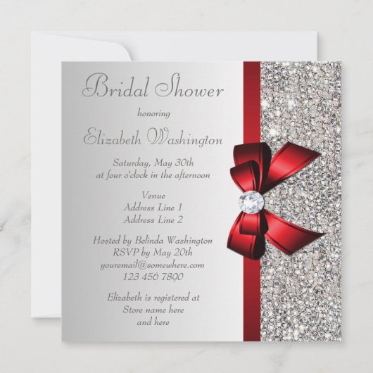 Silver Sequins Red Bow Diamond Brautparty Einladung (Rückseite)