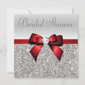 Silver Sequins Red Bow Diamond Brautparty Einladung (Vorderseite)