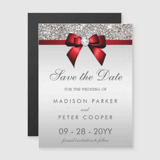 Silver Sequins Red Bow Save the Date Wedding Magneteinladung (Vorne/Hinten)