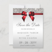 Silver Sequins Red Bow Save the Date Wedding Magneteinladung (Vorderseite)