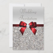Silver Sequins Royal Red Bow und Diamond Wedding Einladung (Vorderseite)