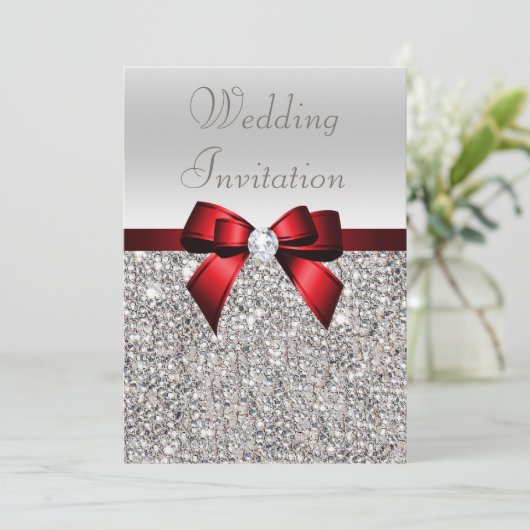 Silver Sequins Royal Red Bow und Diamond Wedding Einladung (Stehend Vorderseite)