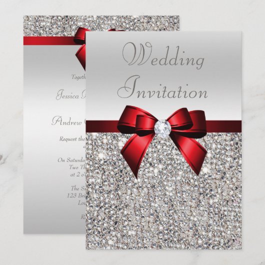 Silver Sequins Royal Red Bow und Diamond Wedding Einladung (Vorne/Hinten)
