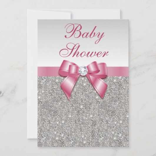 Silver Sequins und Bow Girls Pink Baby Dusche Einladung (Vorderseite)