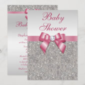 Silver Sequins und Bow Girls Pink Baby Dusche Einladung (Vorne/Hinten)