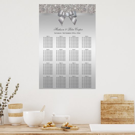 Silver Sequins und Bow Wedding Seating Chart Poster (Küche)