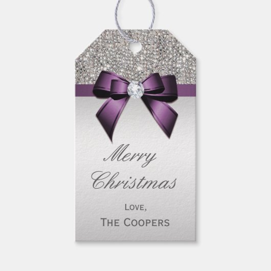 Silver Sequins Violet Diamond Bow Weihnachten Geschenkanhänger (Vorderseite)