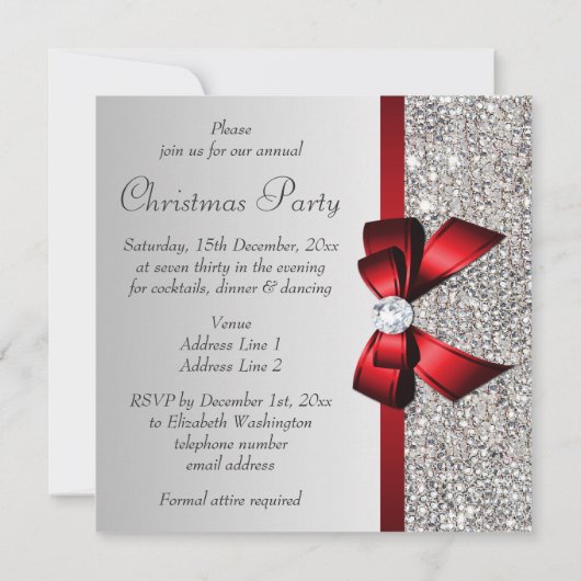 Silver Sequins Weihnachtsfest Party Red Diamond Bo Einladung (Rückseite)