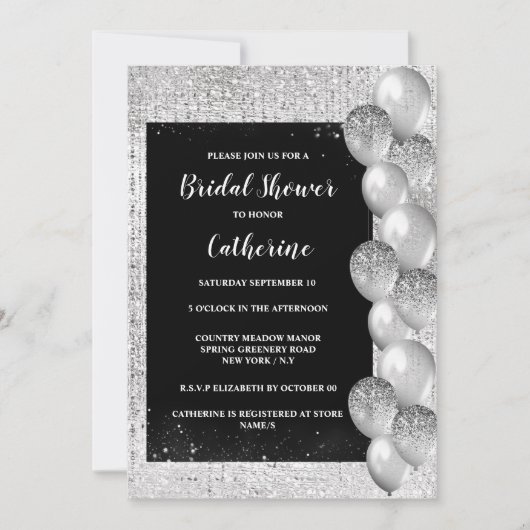 Silver Shimmer Ballon auf schwarz luxuriös elegant Einladung (Vorderseite)