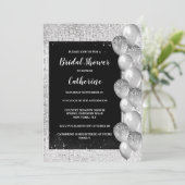 Silver Shimmer Ballon auf schwarz luxuriös elegant Einladung (Stehend Vorderseite)