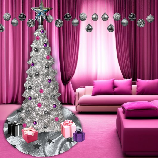 Silver Shimmer Black Star Elegant Minimal Moderne Polyester Weihnachtsbaumdecke