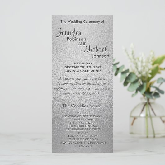 Silver Shimmer Imitats Foil Wedding Program Programm (Stehend Vorderseite)