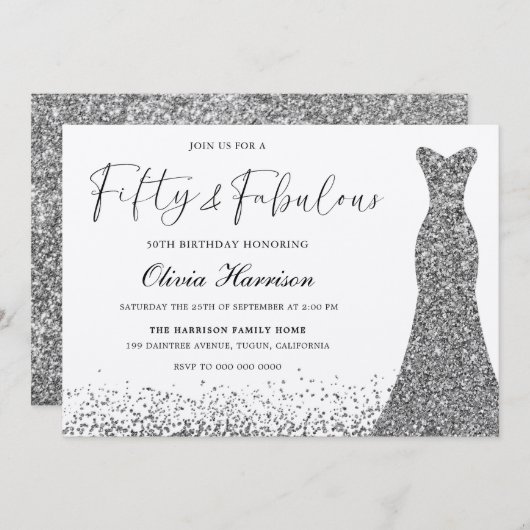 Silver Shimmer Kleid 50 Fabulous 50. Geburtstag Einladung (Vorne/Hinten)