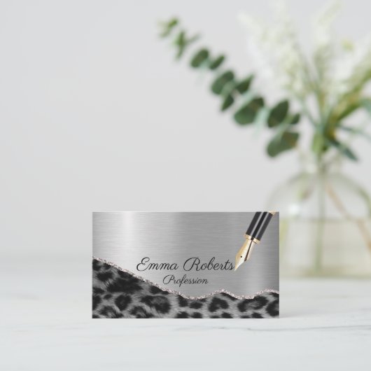 Silver Shiny Leopard Glitzer Visitenkarte (Stehend Vorderseite)