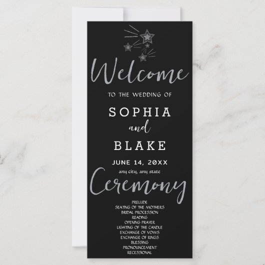 Silver Shooting Stars Black Wedding Programm (Vorderseite)