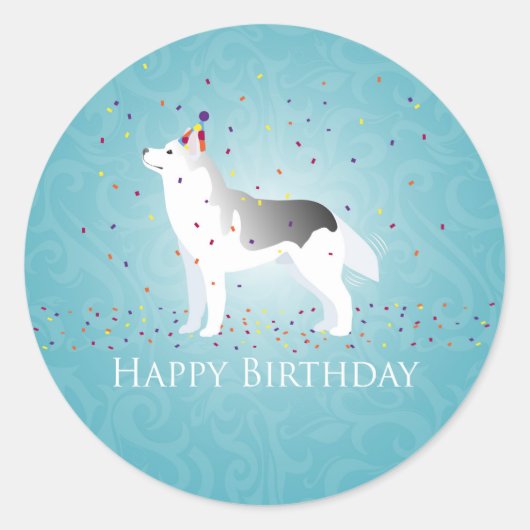 Silver Siberian Husky Hund Happy Birthday Design Runder Aufkleber (Vorderseite)