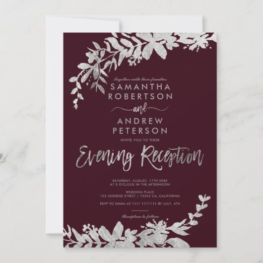 SIlver-Skript Blumenburgund-Abend-Empfang Einladung (Vorderseite)