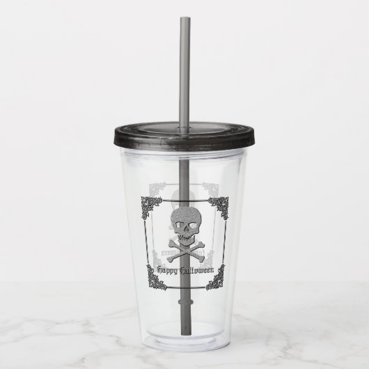 Silver Skull & Crossbones Halloween Acryltrinkbecher (Vorderseite)
