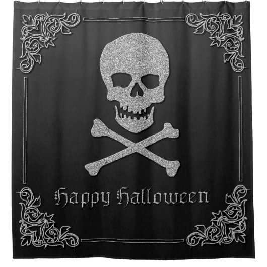 Silver Skull & Crossbones Halloween Duschvorhang (Vorderseite)