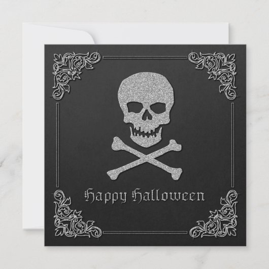 Silver Skull & Crossbones Halloween Einladung (Vorderseite)