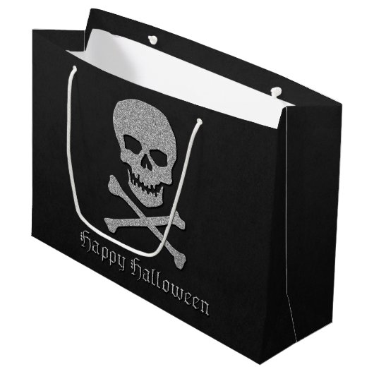 Silver Skull & Crossbones Halloween Große Geschenktüte (Vorderseite Schrägansicht)