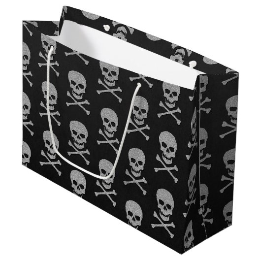 Silver Skull & Crossbones Halloween Große Geschenktüte (Vorderseite Schrägansicht)