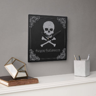Silver Skull & Crossbones Halloween Quadratische Wanduhr