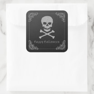 Silver Skull & Crossbones Halloween Quadratischer Aufkleber
