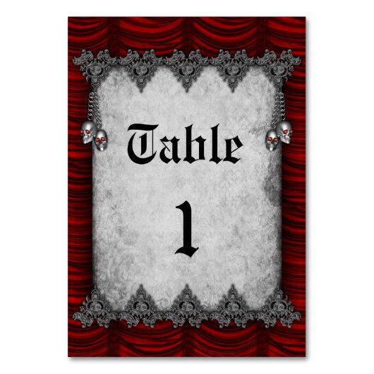 Silver Skulls Blood Red Silk Gothic Wedding Tischnummer (Vorderseite)