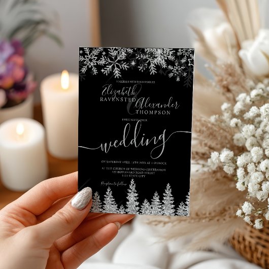 Silver snow pine black Christmas winter wedding Einladung