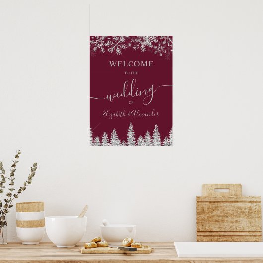 Silver snow pine red Christmas winter wedding Poster (Küche)