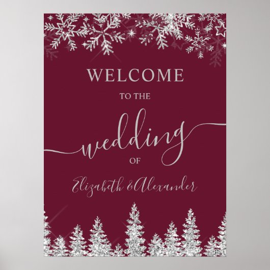 Silver snow pine red Christmas winter wedding Poster (Vorne)