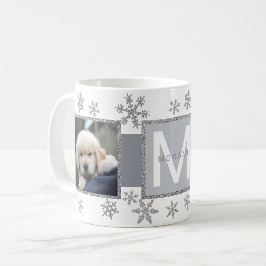 Silver Snowflake 2 Foto Monogram Kaffeetasse (Vorderseite Links)