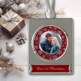 Silver Snowflake auf Red First Christmas Banner-Ornament Silber