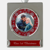 Silver Snowflake auf Red First Christmas Banner-Ornament Silber (Vorderseite)