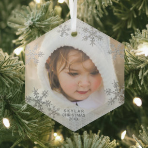 Silver Snowflake Elegantes Minimalistisches Foto Ornament Aus Glas