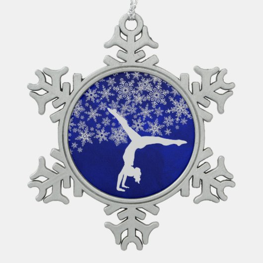 Silver Snowflake Gymnast auf Blue Schneeflocken Zinn-Ornament (Vorderseite)