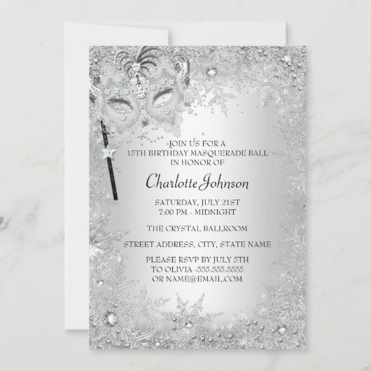 Silver Snowflake Masquerade Quinceanera Einladung (Rückseite)