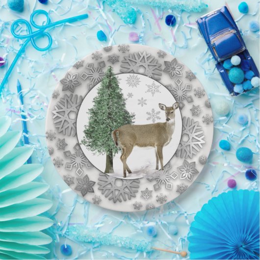 Silver Snowflake mit Whitetail Deer Holiday Pappteller (Party)