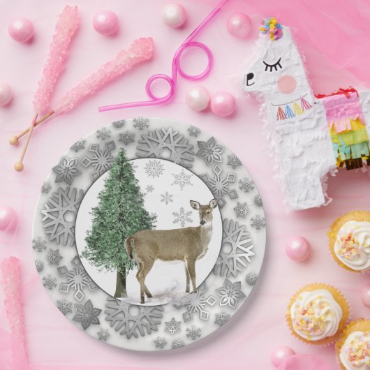 Silver Snowflake mit Whitetail Deer Holiday Pappteller (Party)