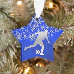 Silver Snowflake Soccer Player auf Blue Ornament