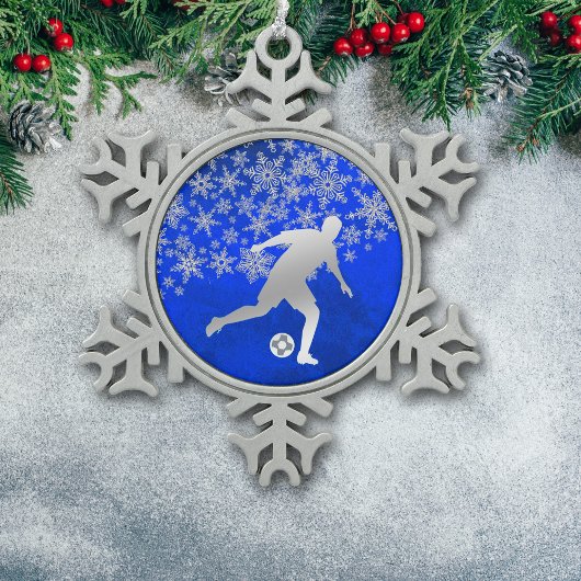 Silver Snowflake Soccer Player auf Blue Schneeflocken Zinn-Ornament