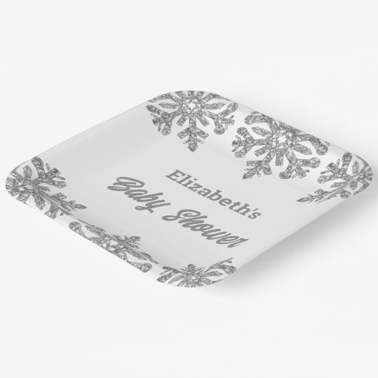Silver Snowflake Winter Baby Dusche Pappteller (Gewinkelt)