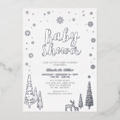 Silver Snowflake Winter Forest Baby Shower Foil Folieneinladung (Vorderseite)