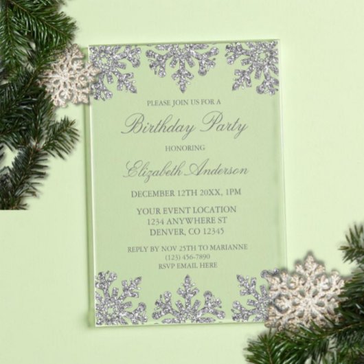 Silver Snowflake Winter Geburtstagsparty Acryleinladungen