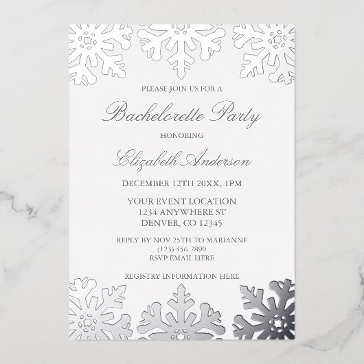 Silver Snowflake Winter Junggeselinnen-Abschied Folieneinladung (Vorderseite)