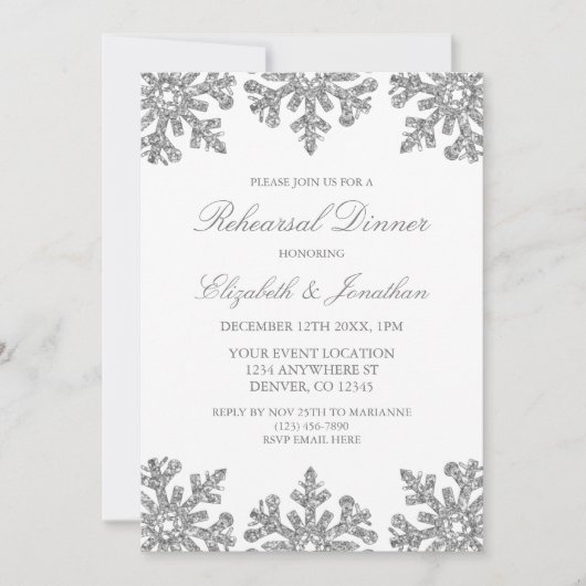 Silver Snowflake Winter Probe Dinner Einladung (Vorderseite)