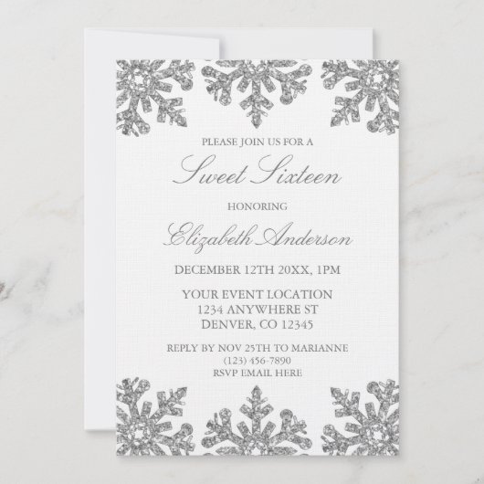 Silver Snowflake Winter Sweet 16 Einladung (Vorderseite)