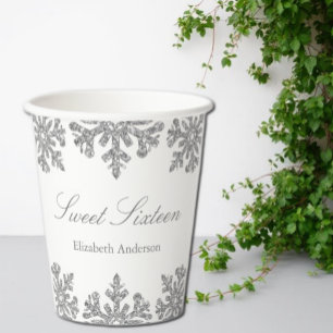 Silver Snowflake Winter Sweet 16 Pappbecher