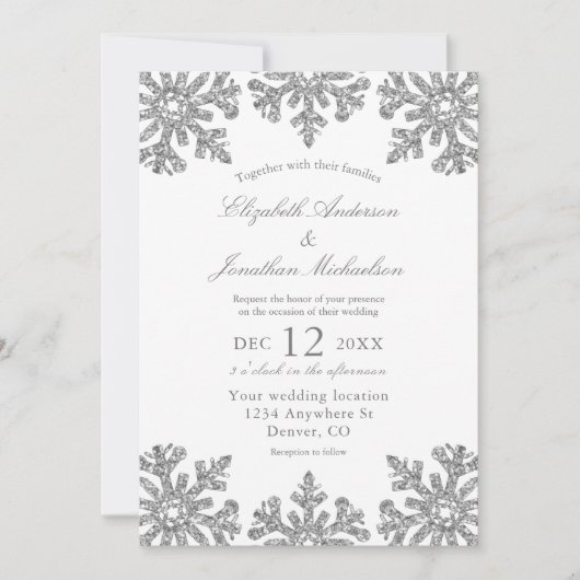Silver Snowflake Winter Wedding Einladung (Vorderseite)